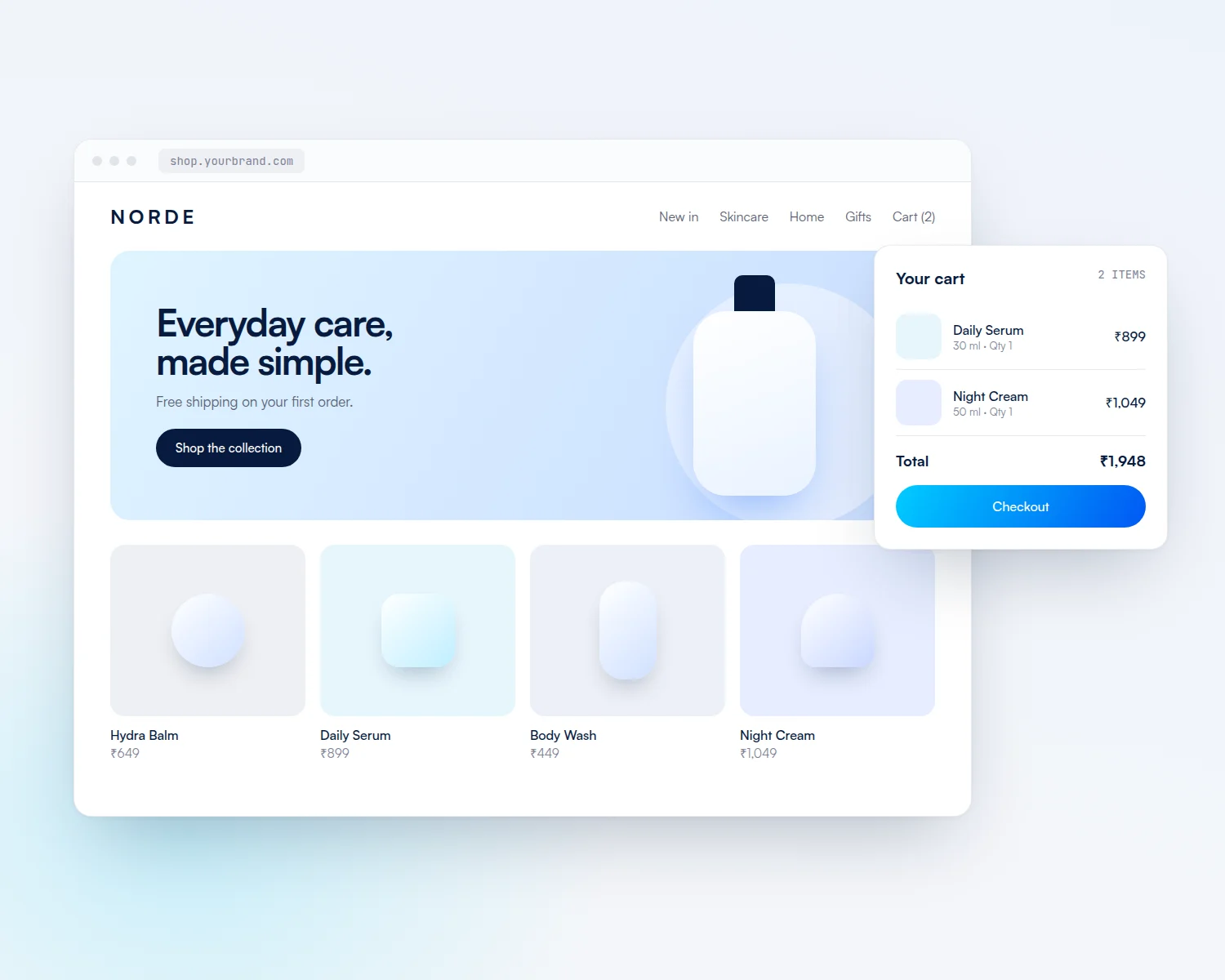 Online store with a product grid and a cart panel