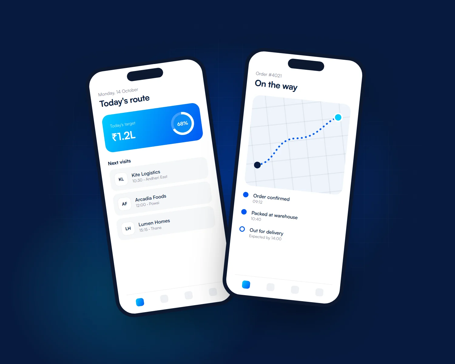 Two phone screens: a field sales route with targets and an order tracking view